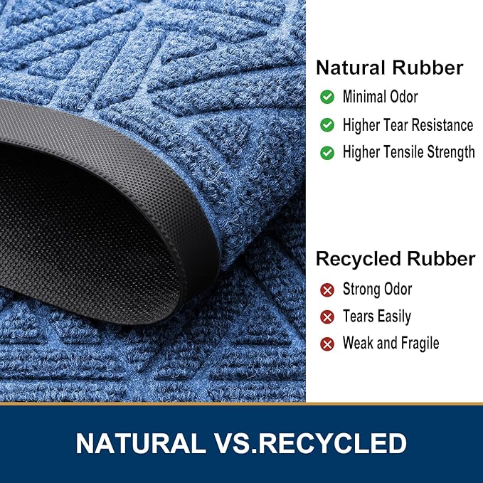 Smiry Front Door Mat Outside Entrance, Heavy Duty Sturdy Natural Rubber Doormat, Trap Dirt and Moisture, Easy Clean Low Profile Mats for Indoor Outdoor Entry, Grid Geometric (36x24, Blue)