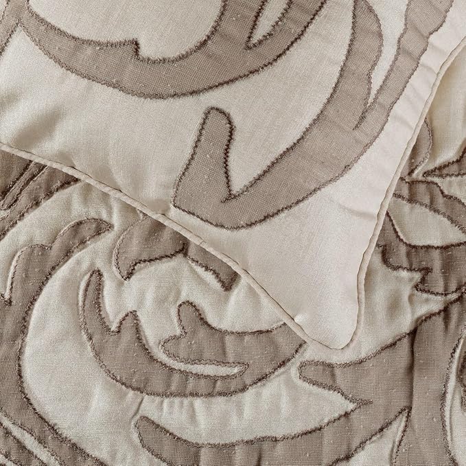 The HomeCentric Designer Ivory & Beige Queen 74 x 18 inch Bed Runner with 2 Pillow Cover Set, Linen Lurex Applique Bed Scarf, Abstract Modern - Pretty Dainty