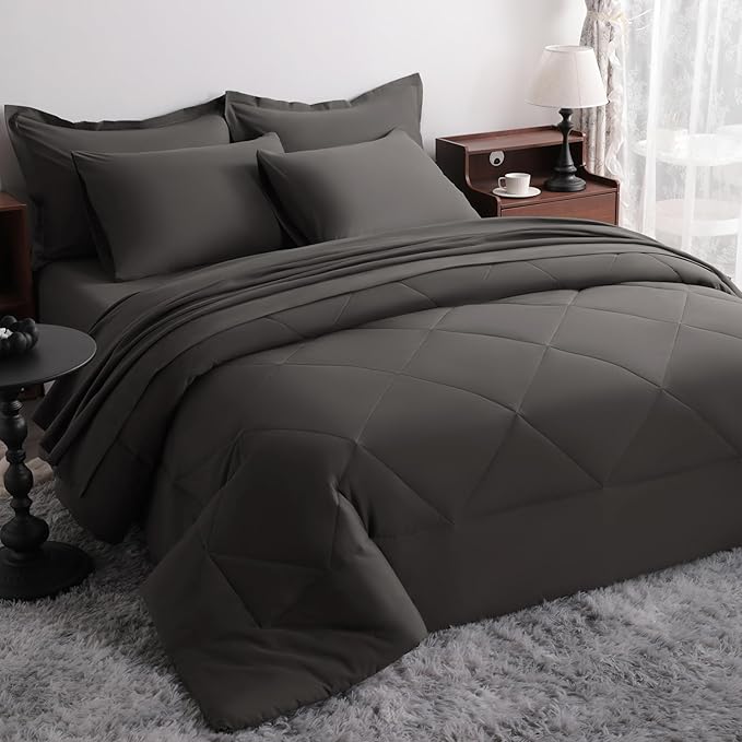 NTBAY King Comforter Set with Sheets, 7 Pieces Soft and Breathable King Bedding Set, Bed in a Bag, Down Alternative Comforter Set Solid Color All Season, King Bedding Set, Dark Grey