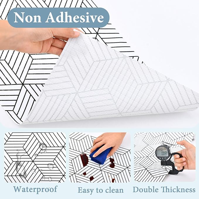 Shelf Liners for Kitchen Cabinets 17in x 20FT, Non Adhesive Cabinet Liner Strong Non-Slip Thickened Black White Geometric Drawer Liner, Easy to Clean for Shelf, Cabinet with Knife and Tape Measure