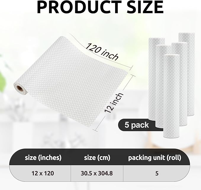 RAY STAR 12X120 Inch Shelf Liner for Kitchen Cabinets, Non-Adhesive Cabinet Liner Washable, PVC Drawer Liner for Dresser Non-Slip Bathroom (White Circle)(5 Roll)