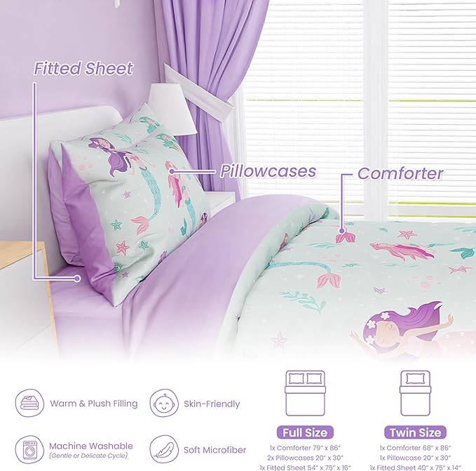 SANDJEST Mermaid Comforter Set Full Size 98x86in for Kids Girls, Microfiber 4 Pcs Bedding Set Includes 1 Comforter, 2 Pillowcases, 1 Fitted Sheet, Nursery Room Decor
