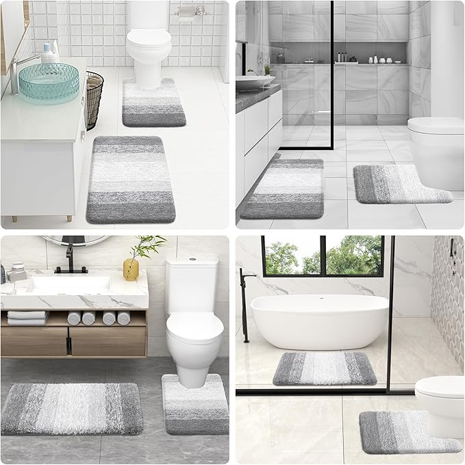 OLANLY Luxury Toilet Rugs U-Shaped 24x20, Extra Soft and Absorbent Microfiber Bathroom Rugs, Non-Slip Plush Shaggy Bath Mat, Machine Wash Dry, Contour Bathroom Mats for Toilet Base, Light Grey