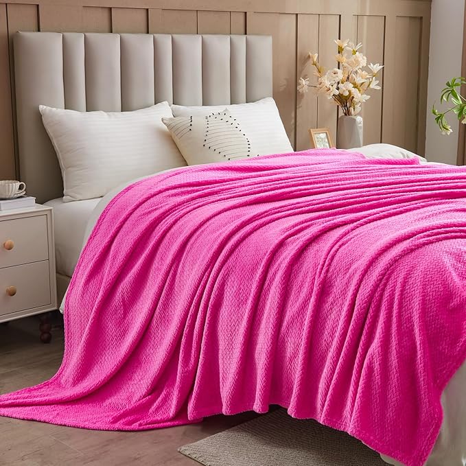 NEWCOSPLAY Super Soft King Blanket Hot Pink Premium Silky Flannel Fleece Leaves Pattern Lightweight Bed Blanket All Season Use (Hot Pink, King(90"x110"))