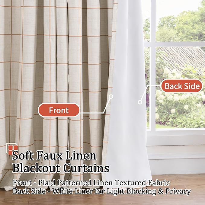 Plaid Patterned Curtains Thermal Insulated - 96 Inches Extra Long Total Linen Blackout Curtains for Living Room, Boho Drapery for Farmhouse Bedroom 52x96 Inch 2 Panels, Terracotta