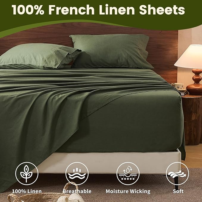 100% Linen Sheet Set Cal King Size Extra Deep Pocket Fits 18-24 Inch Mattress, Breathable & Soft, Smooth 6-Piece Set for Thick Mattresses Hotel Luxury Bedding（Cal King, Forest Green）
