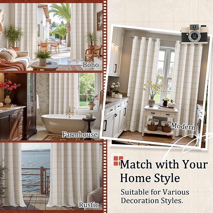 Linen Blackout Curtains for Living Room - Plaid Patterned Curtains 72 Inch Long, Boho Black Out Thermal Insulated Drapes for Bedroom Grommet Style 52x72 Inch 2 Panels, Terracotta