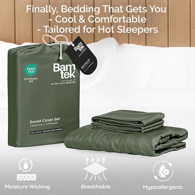 Duvet Cover Set - 100% Viscose Derived from Bamboo Duvet Cover Queen Size, 3 PC Luxury Cooling Duvet Cover for Hot Sleepers, Silky Buttery Soft Comforter Cover & 2 PC Queen Pillowcases, Moss