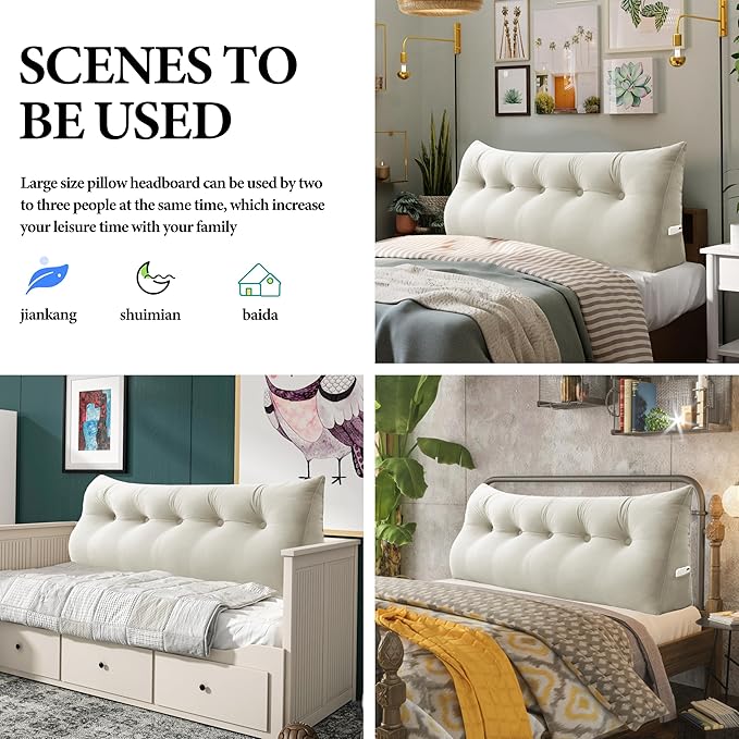 Bed Wedge Headboard Pillow - College Dorm Reading Pillow Back Support While Sitting in Bed - Ergonomic Lumbar Pillow Body Positioning Bed Pillow - Velvet Beige 76IN