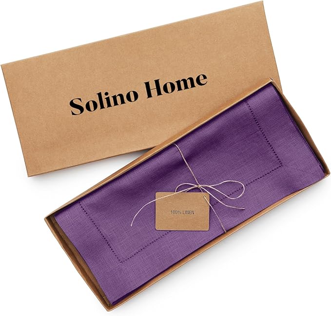 Solino Home Linen Purple Table Runner 48 Inches - Classic Hemstitch, 100% Pure Linen Coffee Table Runner 14 x 48 Inch Ideal for Dresser Tables - Winter, Holiday, Christmas