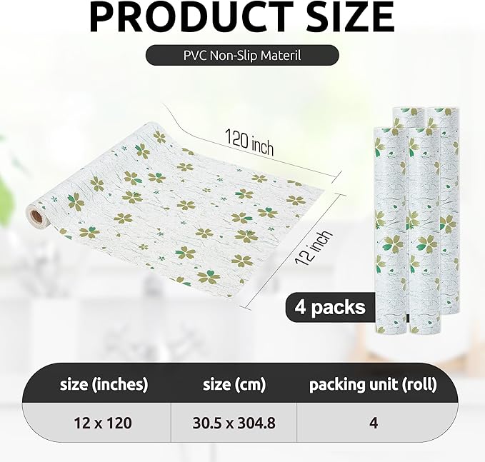 RAY STAR 12X120 Inch Shelf Liner for Kitchen Cabinets, Non-Adhesive Cabinet Liner Washable, PVC Drawer Liner for Dresser Non-Slip Bathroom (Green-Floral)(4 Roll)