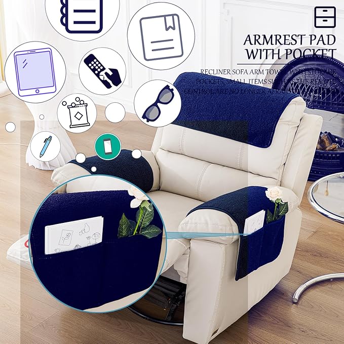 Armrest Cover, Recliner Chair Protector, Furniture Protector Slip, Side Storage Pocket, Stretch Armchair Couch Arm Rest Cover for Recliner, Chair, Sofa (Navy Blue,2 Seater(4pcs))