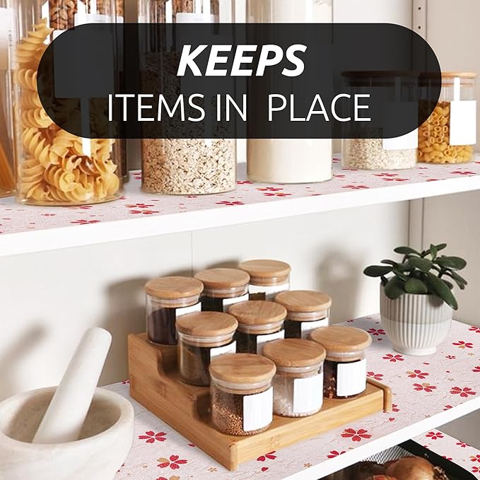 RAY STAR 18X96 Inch Shelf Liner for Kitchen Cabinets, Non-Adhesive Cabinet Liner Washable, PVC Drawer Liner for Dresser Non-Slip Bathroom (Red Floral)(1 Roll)