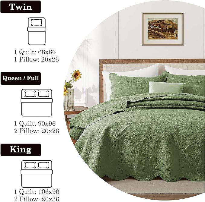 IR Imperial Rooms Twin Quilt Bedding Set Size (68” x 86”) + 1 Pillow Shams (20” x 26” + 2”) - 2 Pcs All Season Lightweight Reversible Microfiber Coverlet Floral Embossed Quilt Bedspread (Olive Green)