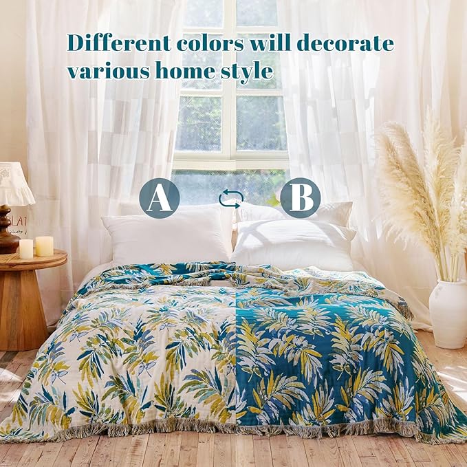 MSGKV Boho Throw Blanket for Bed Cotton 60"x80" Leaves Blanket Twin Size Couch All Seasons Muslin Breathable Lightweight Farmhouse Blankets