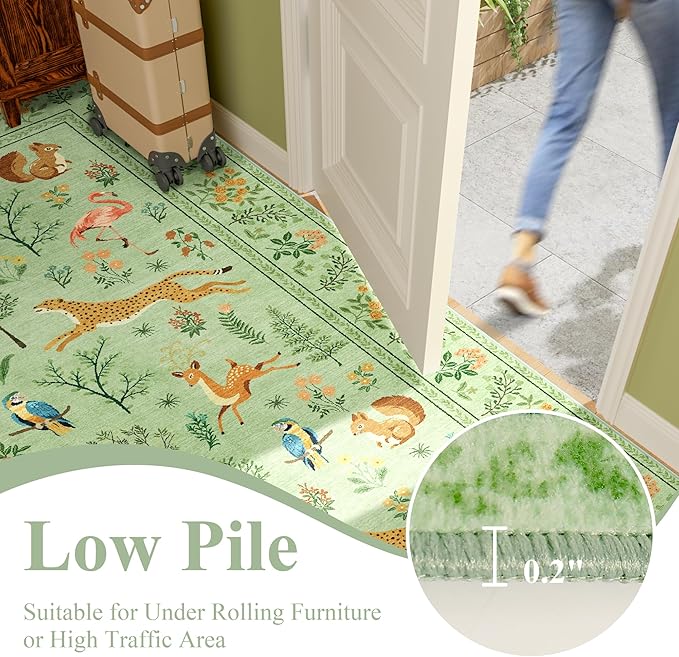DUKINO 4x6 Rug, Washable Animal Area Rug with Non Slip Vintage Design, Indoor Soft Low Pile Carpet for Bedroom, Nursery, Dining Room, Farmhouse, Playroom, Light Green