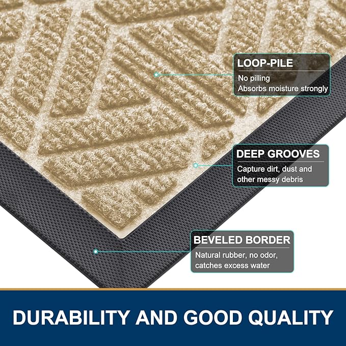 Smiry Front Door Mat Outside Entrance, Heavy Duty Sturdy Natural Rubber Doormat, Trap Dirt and Moisture, Easy Clean Low Profile Mats for Indoor Outdoor Entry, Grid Geometric (71x24, Beige)
