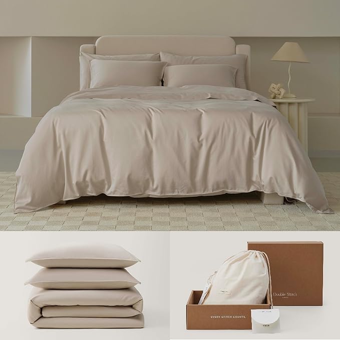 Double Stitch Cotton Tencel Duvet Cover - Queen Size Comforter Cover, Luxury & Soft Eucalyptus Lyocell Bedding Set for Hot Sleepers, Cooling & Breathable, Button Closure, Sandstone, 90"x90"