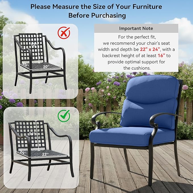 Outdoor Chair Cushions for Patio Furniture - 1 Pack Outside High Back Comfortable Thickened Pillow 22x24 with Zipper Cover for Wicker Rocking Swivel Chairs Loveseat Sofa – Blue/Crescent