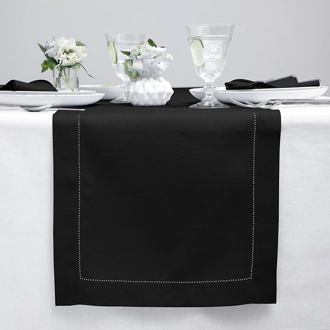 Solino Home Linen Black Table Runner 72 Inches Long - 100% Pure Linen Hemstitch Table Runner 14 x 72 Inch for Dresser, Dining, Holiday, Christmas - Classic Hemstitch
