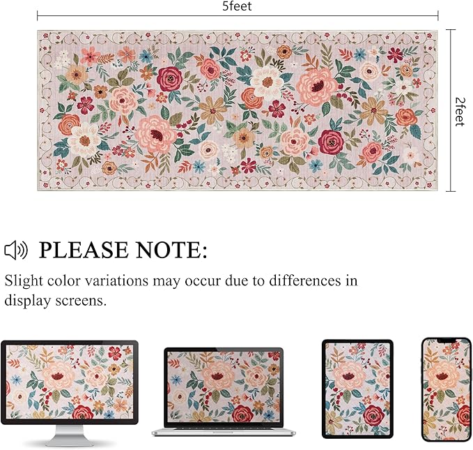 DUKINO 2x5 Runner Rug for Hallway, Washable Kitchen Floral Runner Rug with Non Slip Backing, Low Pile Soft Boho Carpet for Kitchen, Hallway, Entryway, Laundry, Bedroom, Beige