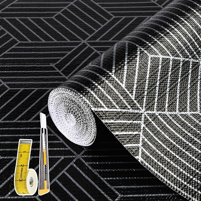Shelf Liners for Kitchen Cabinets 12in x 20FT, Non Adhesive Cabinet Liner Strong Non-Slip Black and Silver Geometric Drawer Liner, Easy to Clean for Shelf, Cabinet with Knife and Tape Measure