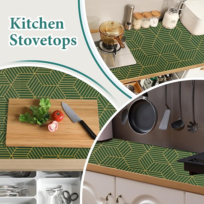Shelf Liners for Kitchen Cabinets 17.5in x 30FT, Non Adhesive Cabinet Liner Strong Non-Slip Thickened Gold Green Geometric Drawer Liner, Easy to Clean for Shelf, Cabinet with Knife and Tape Measure