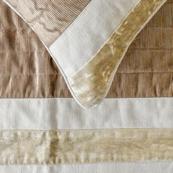 The HomeCentric King/Queen/Twin Beige Luxury CA King 86"x18" Bed Runner with Two Pillow Cover, Velvet & Patchwork Bed Scarf on Velvet Fabric - Luxe Velvet Lines