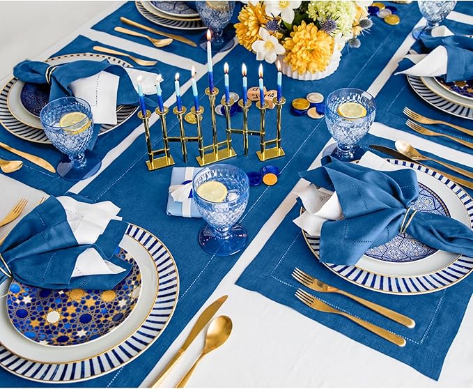 Solino Home Linen Indigo Blue Table Runner 132 Inches Long - 100% Pure Linen Extra Long Table Runner 14 x 132 Inch - Classic Hemstitch