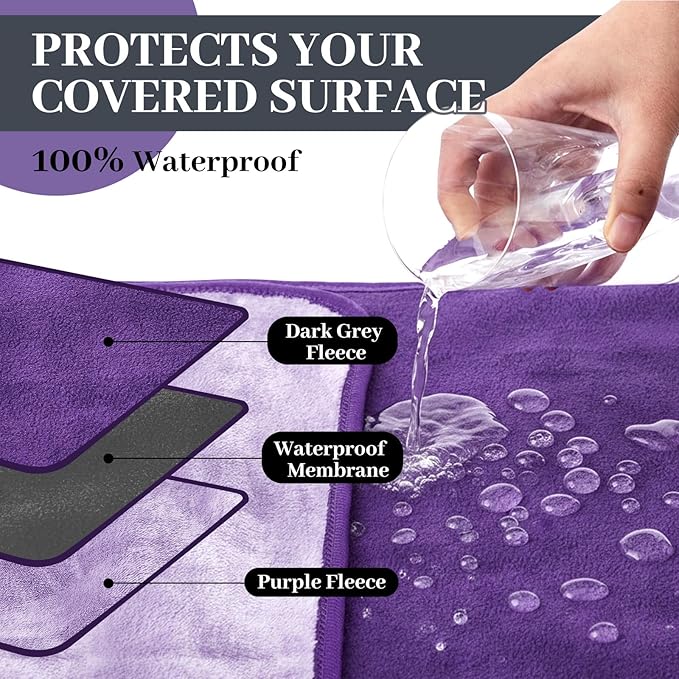 Waterproof Blanket for Bed Couch Sofa, 40''x60'' Reversible & Washable, Fleece and Flannel Waterproof Mat, Water Resistant Bed Cover, Leakproof Mattress Protector(Light Purple/Dark Purple)