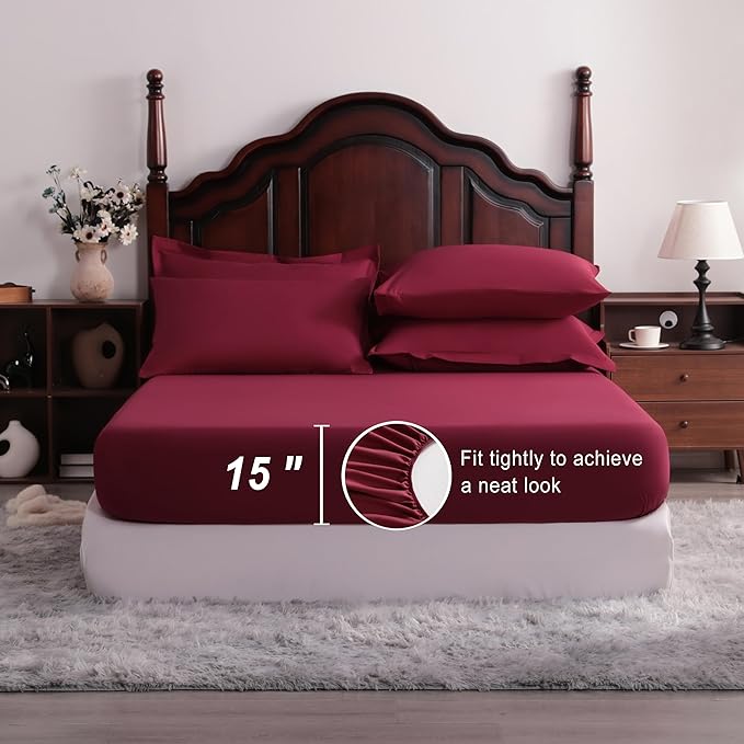 NTBAY Queen Comforter Set with Sheets, 7 Pieces Soft and Breathable Queen Bedding Set, Bed in a Bag, Down Alternative Comforter Set Solid Color All Season, Queen Bedding Set, Wine Red