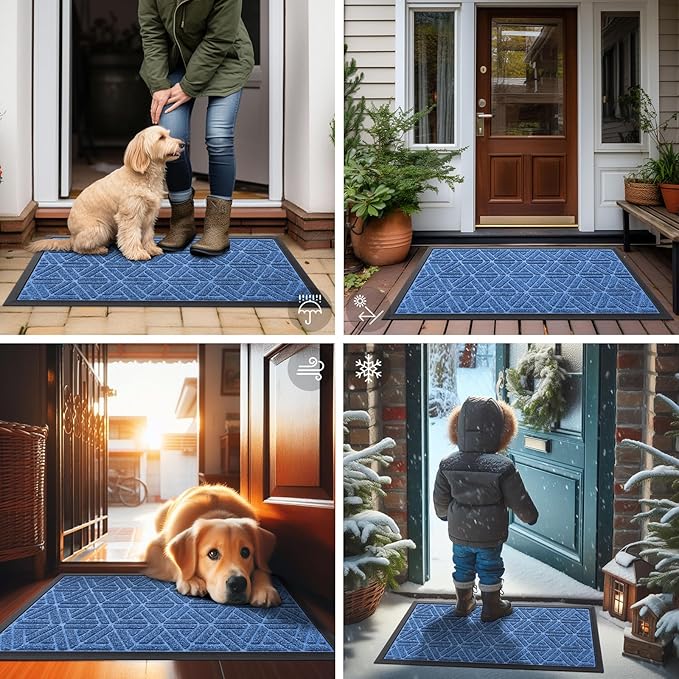 Smiry Front Door Mat Outside Entrance, Heavy Duty Sturdy Natural Rubber Doormat, Trap Dirt and Moisture, Easy Clean Low Profile Mats for Indoor Outdoor Entry, Grid Geometric (36x24, Blue)