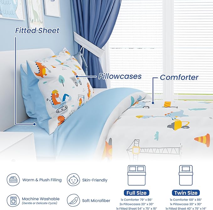 SANDJEST Dinosaur Comforter Set Full Size 98x86in for Kids Boys, Microfiber 4 Pcs Bedding Set Includes 1 Comforter, 2 Pillowcases, 1 Fitted Sheet, Nursery Room Decor