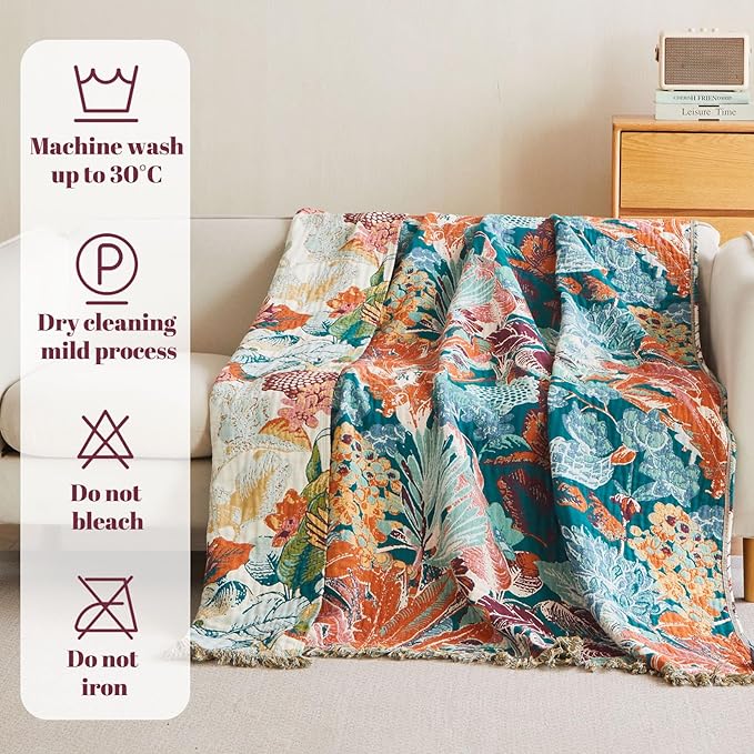 MSGKV Boho Throw Blanket for Bed Twin Size 100% Cotton Floral Blanket 60"x80" for Sofa Couch Muslin Breathable All Seasons Farmhouse Lightweight Blankets Home Decor