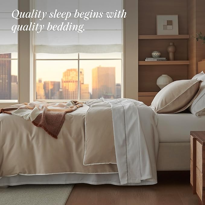 Double Stitch Cotton Tencel Duvet Cover - King Size Comforter Cover, Luxury & Soft Eucalyptus Lyocell Bedding Set for Hot Sleepers, Cooling & Breathable, Button Closure, Sandstone Contrast, 106"x90"