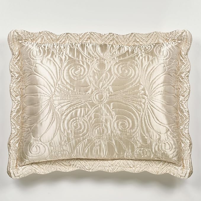 Touch of Class Portia Luxury Bedding | Neutral Pearl | Premier Quilted Polyester Satin | Romantic Hand Guided Machine Quilted Scroll Design 3 Piece Set: Full Oversized Bedspread & 2 Standard Shams