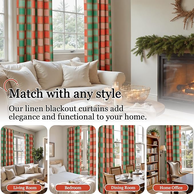 Christmas Curtains for Living Room - Plaid Linen Blackout Curtains Checkered Patterned, Thermal Insulated Gingham Striped Window Drapes for Bedroom Winter 52x72 Inch 2 Panels, Red Green