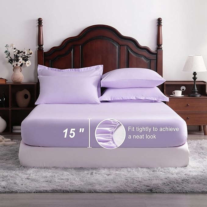 NTBAY Queen Comforter Set with Sheets, 7 Pieces Soft and Breathable Queen Bedding Set, Bed in a Bag, Down Alternative Comforter Set Solid Color All Season, Queen Bedding Set, Light Purple