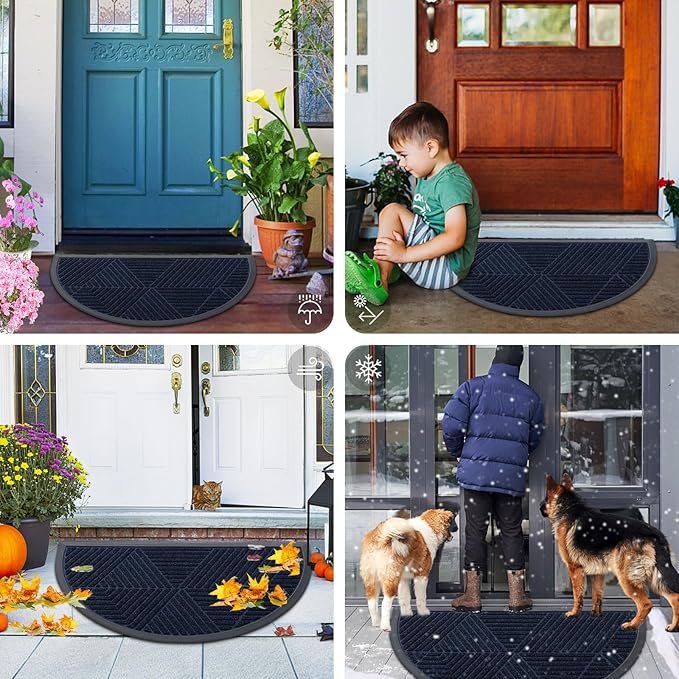 Smiry Half Circle Front Door Mat Outside Entrance, Heavy Duty Sturdy Natural Rubber Doormat, Trap Dirt and Moisture, Low Profile Mats for Indoor Outdoor Entry, Irregular Triangle (36x24, Navy Blue)