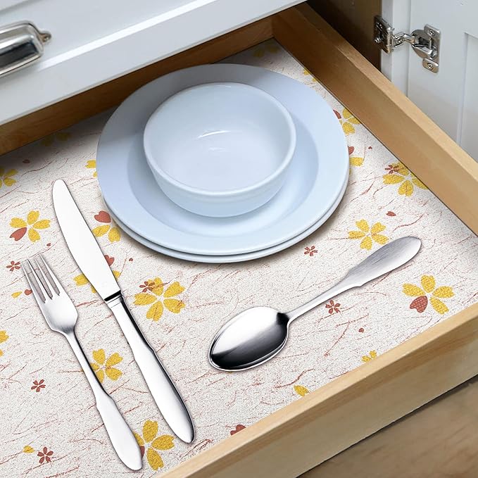 RAY STAR 12X120 Inch Shelf Liner for Kitchen Cabinets, Non-Adhesive Cabinet Liner Washable, PVC Drawer Liner for Dresser Non-Slip Bathroom (Yellow-Floral)(1 Roll)