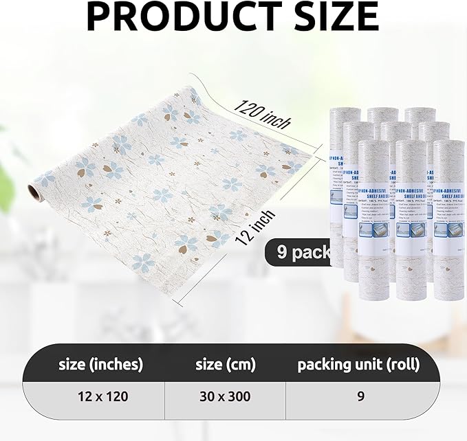 RAY STAR 12X120 Inch Shelf Liner for Kitchen Cabinets, Non-Adhesive Cabinet Liner Washable, PVC Drawer Liner for Dresser Non-Slip Bathroom (Floral)(9 Roll)