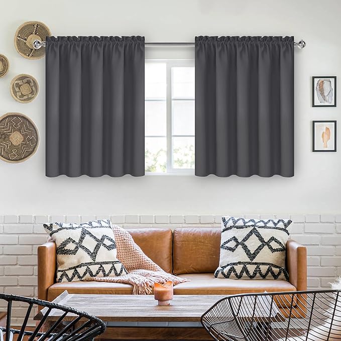 DWCN Short Blackout Curtains 36 inches Length 2 Panels Set, Half Window Rod Pocket Privacy Curtain Tiers for Kitchen, Room Darkening Curtains for Bathroom Shades (W60 x L36 Inch, Dark Grey)