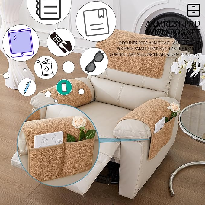 Armrest Cover, Recliner Chair Protector, Furniture Protector Slip, Side Storage Pocket, Stretch Armchair Couch Arm Rest Cover for Recliner, Chair, Sofa (Camel,1 Seater(3pcs))