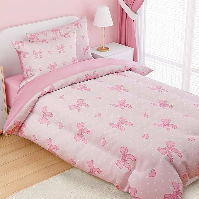 SANDJEST Bow Comforter Set Full Size 98x86in for Kids Girls, Microfiber 4 Pcs Bedding Set Includes 1 Comforter, 2 Pillowcases, 1 Fitted Sheet, Nursery Room Decor