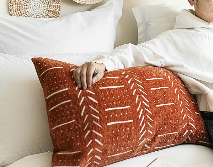 BlissBlush Fall Brick Red Soft Chenille Boho Body Pillow Cover 20x54, Decorative Oversized Long Lumbar Pillow, Boho Textured Oversize Body Pillow, Cover ONLY