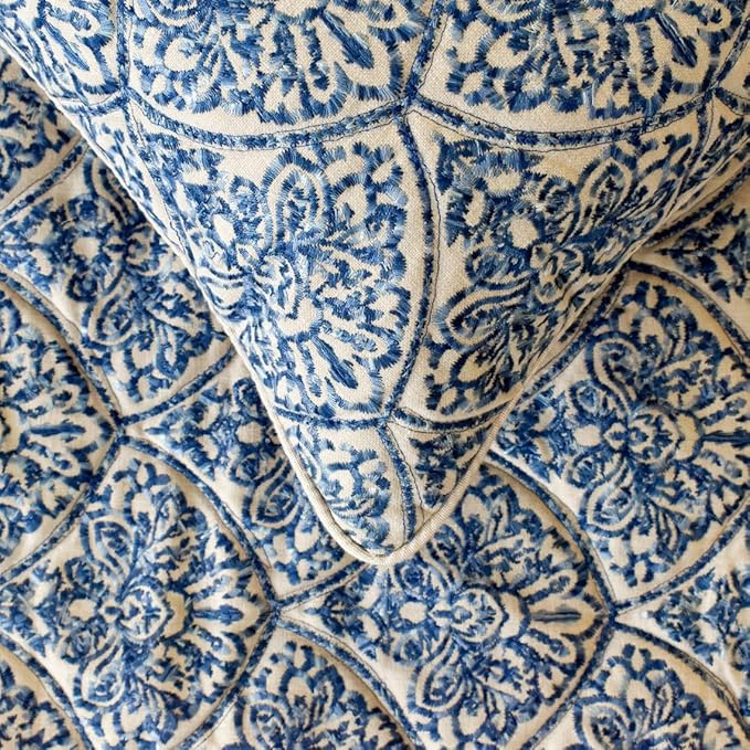 The HomeCentric King/Queen/Twin Blue Designer Queen 74"x18" Bed Runner with 2 Pillow Cover, Embroidery, Quilted Bed Scarf on Cotton Fabric - Farzeen Blue