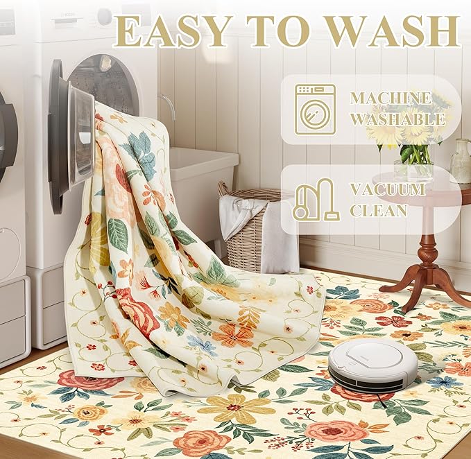 DUKINO 8x10 Area Rug, Floral Rugs for Living Room, Lightweight Non Slip Washable Rug, Indoor Low Pile & Non-Shedding Boho Design Rugs for Bedroom, Living Room, Dining Room, Beige Yellow