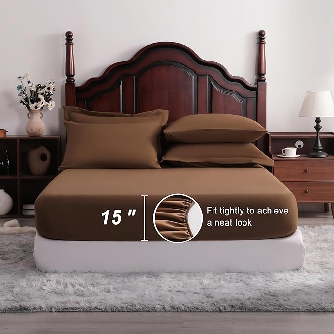 NTBAY King Comforter Set with Sheets, 7 Pieces Soft and Breathable King Bedding Set, Bed in a Bag, Down Alternative Comforter Set Solid Color All Season, King Bedding Set, Brown