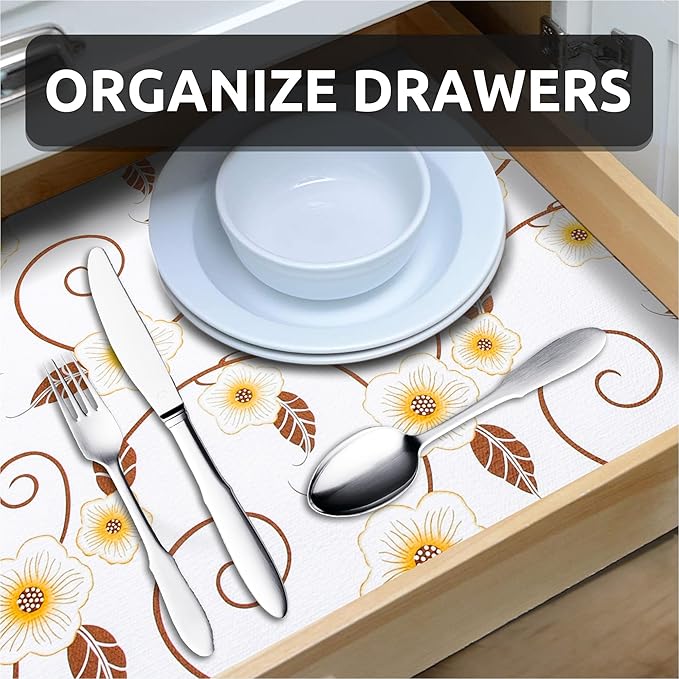 RAY STAR 18X96 Inch Shelf Liner for Kitchen Cabinets, Non-Adhesive Cabinet Liner Washable, PVC Drawer Liner for Dresser Non-Slip Bathroom (Yellow Flower)(5 Roll)