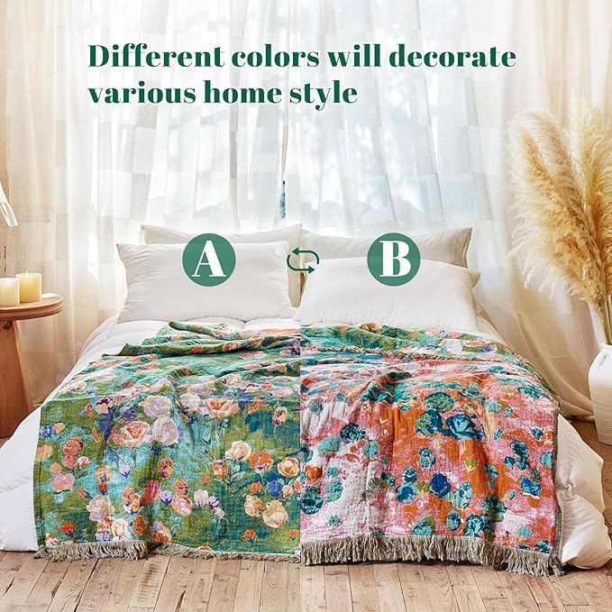 MSGKV Boho Throw Blanket for Couch Cotton Floral Blanket 50"x60" for Sofa Chair Throws Muslin Breathable Lightweight Farmhouse Blankets Home Decor All Seasons